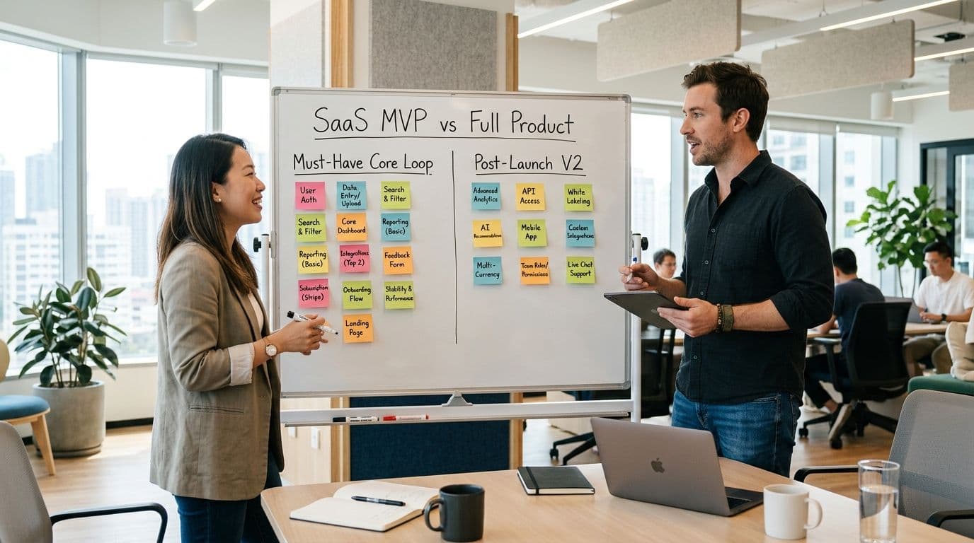 Product manager and founder comparing SaaS MVP core loop vs full product roadmap on whiteboard