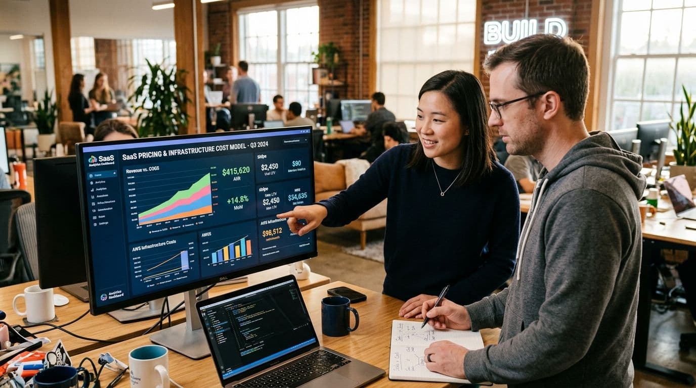 Founder and software architect reviewing SaaS pricing model and cloud infrastructure cost on screen