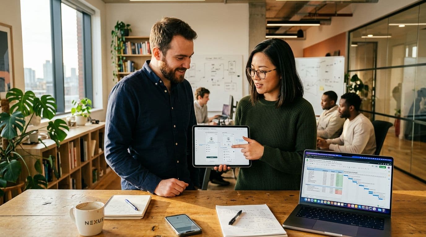 Product designer and founder in tech studio examining mobile app wireframes and development budget