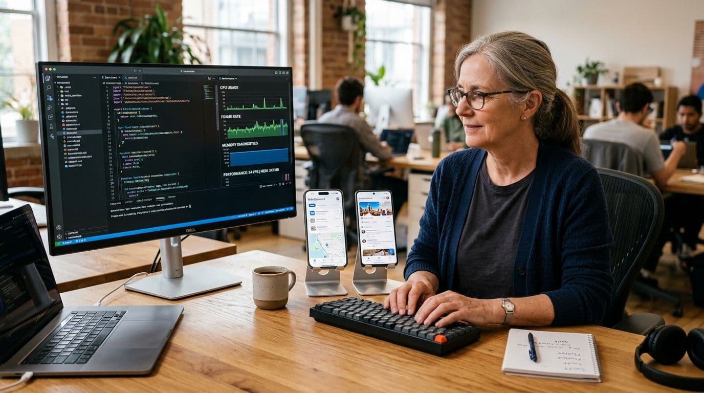Senior mobile developer comparing React Native and Flutter performance on iOS and Android test devices