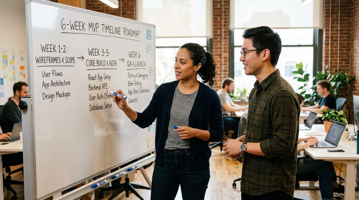 Product team in modern tech office reviewing 6-week MVP timeline roadmap on whiteboard